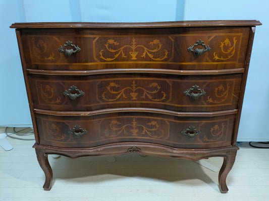 【倉庫保管】 イタリア Tarocco 3段チェスト アンティーク家具 ヴィンテージ家具 象嵌細工 猫脚 ロココ調 輸入家具
