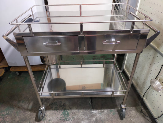 【サテライト】 医療用 ステンレスワゴン カート 回診車 包帯交換車 引出2個 汚物缶付 2段 幅88cm 奥行き49cm 高さ86cm